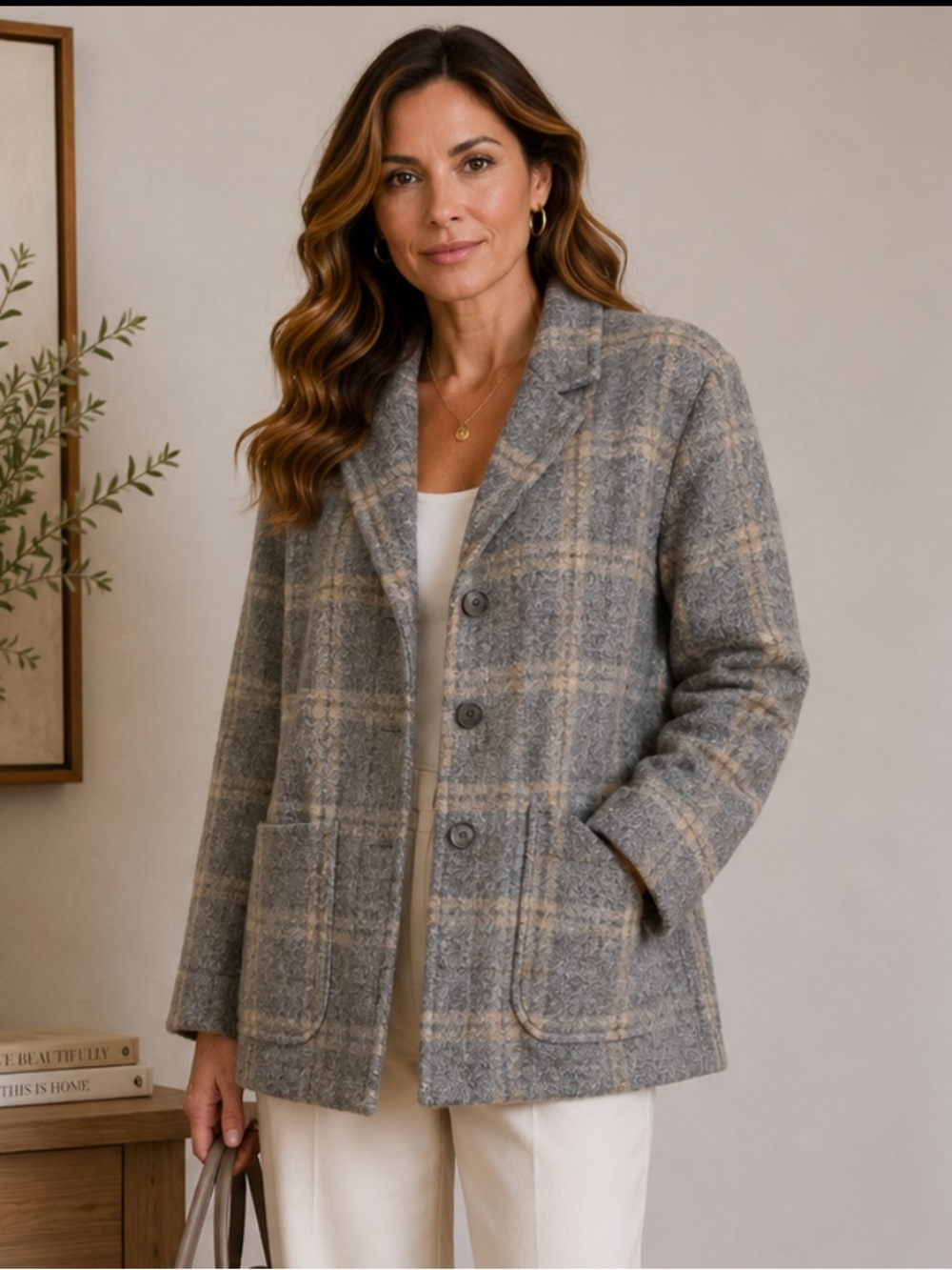Rena Rowan wool plaid knit cardigan jacket size XlArge gray beige outlander